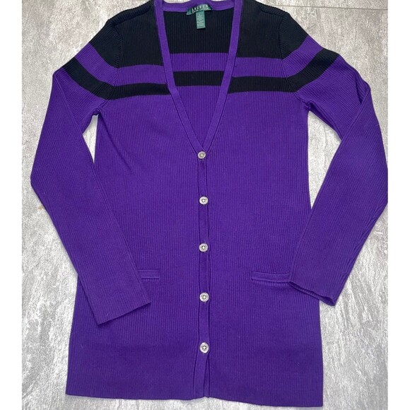 Lauren Ralph Lauren SZ LARGE  Purple and Black V-Neck Ribbed Cardigan Preppy - Picture 10 of 12